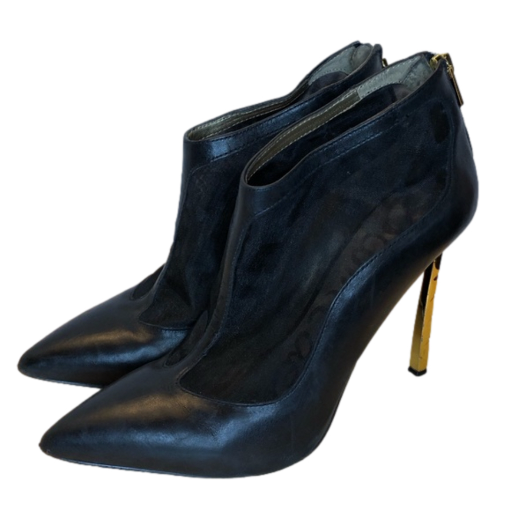 Sam Edelman Black Leather & Mesh Pointed Toe Stiletto Booties with Gold Heel